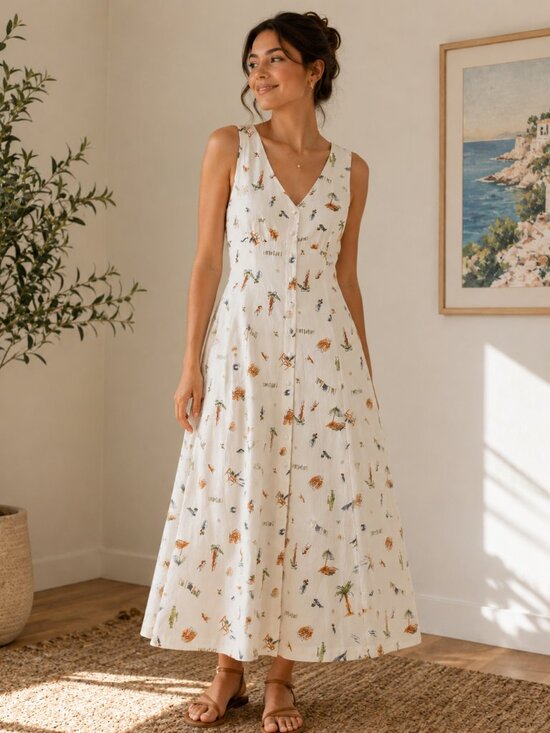 Workshop Republic Clothing Dresses & Skirts - The Workshop Linen Blend Beach Print Cream Maxi Dress Sz. Medium NWT